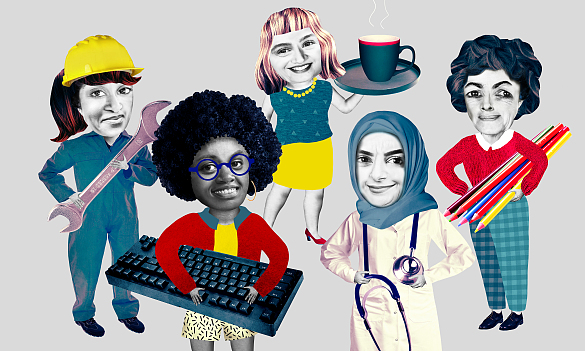 Grafik von fünf Frauen, die alle unterschiedliche Arbeitsgegenstände tragen wie zum Beispiel eine Computer-Tastatur, ein Tablett oder ein Stethoskop.